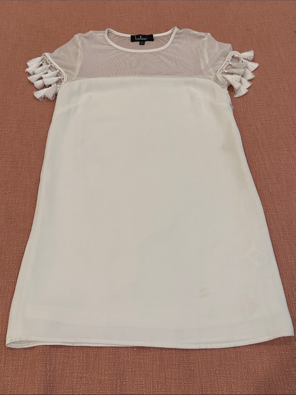Lulu's wm’s XS Cream Tassel-Sleeve A-Line Dress with mesh top - fully lined